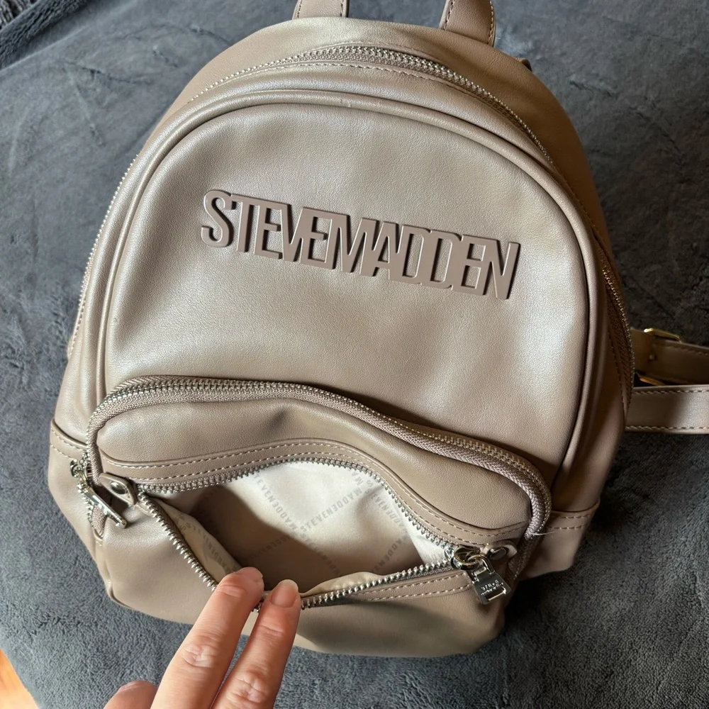 New Steve Madden Backpack Purse, Faux Leather, Silver Hardware, Taupe / Tan